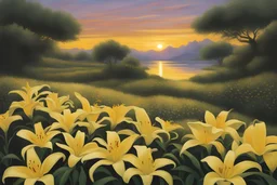 paisajes de america latina, con lilium amarillos, amaneciendo