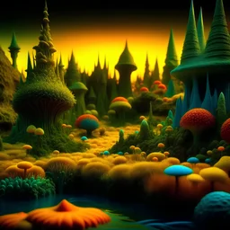 Odd swamp landscape with odd beings surreal abstract Max Ernst style, 120mm photography, sharp focus, 8k, 3d, very detailed, volumetric light, grim, fine art, very colorful, ornate, F/2.8, insanely detailed and intricate, hypermaximalist