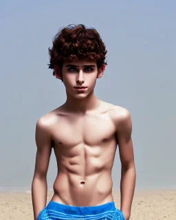 beautiful 12 year old arabic boy with long, curly hair and light blue eyes,shirtless, in front of a beach