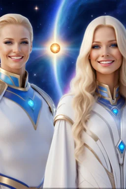 cosmic woman smile,beautiufos rainbow, admiral from the future, galactic confédération, fine whole face, crystalline skin, expressive blue eyes,rainbow, smiling lips, very nice smile, costume pleiadian, Beautiful tall woman pleiadian Galactic commander, ship, perfect datailed golden galactic suit, high rank, long blond hair, hand whit five perfect detailed finger, amazing big blue eyes, smilling mouth, high drfinition lips, cosmic happiness, bright colors, blue, pink, gold, jewels, realist,