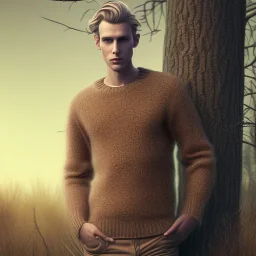 a full picture of a tall skinny man with blonde and greasy hair wearing a woolen sweater standing outside in nature