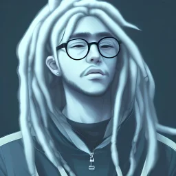 teen boy with dreadlocks, beard and glasses in anime style