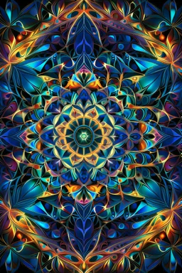 A mesmerizing digital artwork in fractal style, vibrant and abstract, showcasing a kaleidoscope of colors and intricate geometric patterns intertwined with organic shapes. The composition is symmetrical, with a focal point at the center, radiating energy and complexity. The colors range from bold and contrasting to subtle gradients, creating a sense of movement and depth. The image is detailed and precise, capturing the infinite complexity of fractal mathematics. The medium used is digital, allo