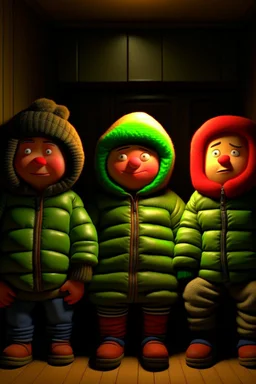 Three moleman one at top another inside an adult jacket. Movie scene.