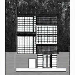 modern house section, night, luminescent windows, architectural drawing