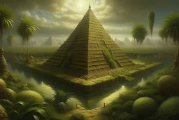 ancient mindcraft atlantis Egyptian pyramid of giza in the center of a lush maze garden surrounded by a band of water that flows in The four rivers of Eden, in the garden of eden, this garden is a magical oasis surrounded by a vast and golden desert, Hyper Detailed Face, Photorealistic, Intricately Detailed, Oil Painting, Heavy Strokes, By Jean Baptiste Monge, By Karol Bak, By Carne Griffiths, Masterpiece, Unreal Engine 3D; Symbolism, Colourful, Polished, Complex; UH