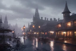 Fantasy town, rain, lights, tavern, misty, daytime