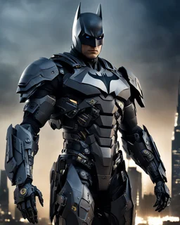 Create an image of a Batman Robot in a highly detailed and advanced armored suit, similar to the one shown but with even more intricate designs and cool features. The armor should have a sleek, futuristic look with glowing elements and enhanced gadgets visible on the suit. The setting is at dusk in an urban environment, with the character standing on a high-rise building overlooking a cityscape that reflects the advanced technology of the world they are protecting.