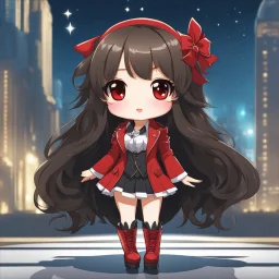 full body chibi woman with long dark brown hair, red eyes, modern clothes with "2025" on the shirt, New Years themed, intricately detailed, masterpiece, anime chibi doll