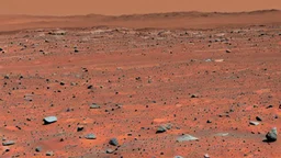 A Tesla's 'Model S Plaid' is racing at top speed, across the 'Cydonia' region, on planet Mars. CINEMATIC. WIDE ANGLE LENS.