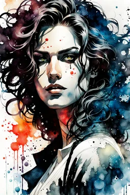 ink wash and watercolor illustration of a girl, with highly detailed hair and facial features in the comic book art style of Bill Sienkiewicz and Frank Miller, 4k, bold and detailed inking and shading, vibrant natural color