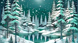Snow,χιονισμενο Δασος από ελατα στην ακρη μιας λιμνης, ζωγραφική papercut, νύχτα Χριστουγεννων,Christmas tree