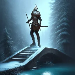 fantasy art, book cover, upper body a ranger with an axe in hand, in front of the ebony stairs of a bridge or dam ,icy water, there is also a hawk sitting on his shoulder