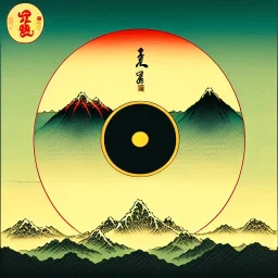 Ukiyo-e styled art, yin and yang sign, mountains and sun