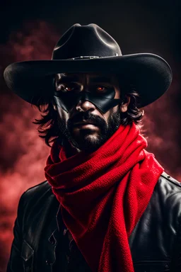 Portrait of a gritty western bandito with a red kerchief covering his face, Black cowboy hat, Fantasy, 8k