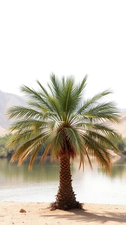 Water color of date palm tree by the lake all white desert background