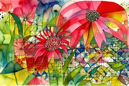 Create a surreal abstract watercolor and ink painting of an Echinacea in a garden. In the style of Paul Klee, Picasso, Matisse. Geometric. Map like qualities. Modifiers: elegant intricate beautiful high detail high definition crisp quality colourful zentangle