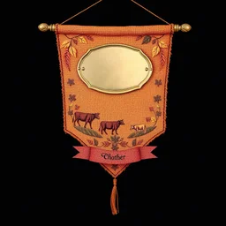 an autumn colored textured cloth hanging with embroidered ornamental leaves and cows, small blank oval brass engraving plate in upper middle, banner is downward pointed bottom, on dark background, western style