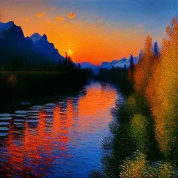 Monet Painting of Raging River at sunrise in alaska