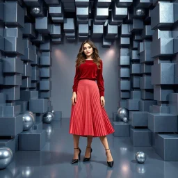 make a picture pretty stage made of metallic blue-gray teme 3d recursive cubic and sphere base structures and a beautiful fashion model lady posing with cute in black and white and the scene is in color,with dark red top and pretty pleated midi skirt ,makeup curvy long hair,dynamic camera zoom to full body and pan, dynamic lights.