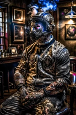 penispunk spaceman with tattoo of a human, scary tattooist in high end parlor, smoke, mist, lightrays, depth of field, photography