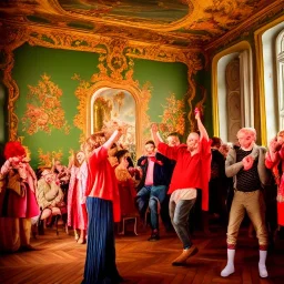 Celebration in a schloss, cheering people, Austrian aesthetic, warm colors, wooden floor, forest green walls, red, chiaroscuro, 8k, HD, cinematography, photorealistic, Cinematic, Color Grading, Ultra-Wide Angle, Depth of Field, hyper-detailed, beautifully color-coded, insane details, intricate details, beautifully color graded, Cinematic, Color Grading, Editorial Photography, Depth of Field, DOF, White Balance, 32k, Super-Resolution, Megapixel, ProPhoto RGB, VR, Halfrear Lighting, Backlight