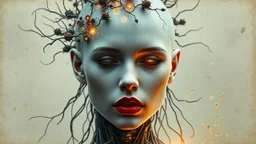old worn paper, Ethereal bald white woman with thorns, thistles and plant roots on her head, human brains biomechanics cyberpunk style digital painting depicting a glowing woman with robotic features, combining human and artificial elements in a gripping sci-fi scene with intricate details and a cinematic atmosphere. Red lips, gold fragments, silver particles, wind, swirls, glare, glow from within, 8K, fine rendering, high detail, hyperrealism, high resolution, multi-layered, hyperdetail, hyperf