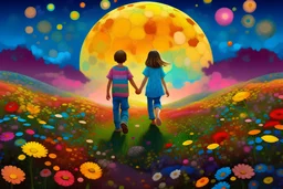 two children walk hand in hand through a field of psychedelic wild flowers aa woman in the full moon overhead calls to them to join her.