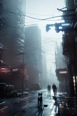 Cybernetic Robot wolfs, post-apocalyptic in a cyberpunk city, realistic, intriacte detail, sci-fi fantasy style, volumetric lighting, particales,highly detailed,cinamatic, deep