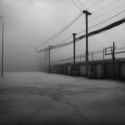 An empty carpark on a misty day. Telegraph poles and wires. Muted tones. Tilted horizon. With blotches, blurry areas and lens noise and grain. Hyper realistic Photo 4k