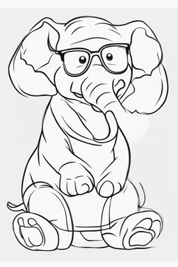 Outline art for cute coloring pages with elephant with glasses, full body, white background, sketch style, only use outline, clean line art, no shadows and clear and well outlined.