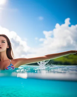 close up shot of very beautiful model girl swimming in water wearing swim suit ,country side ,nice cloudy sky,country houses