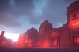 Incan architecture, city, red glow, atmospheric, realistic, unreal engine, cinematic lighting, octane render.