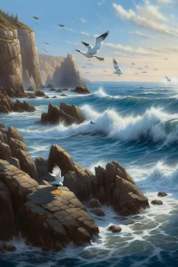 Generate an image of a serene coastal scene with a group of seabirds resting on rocky cliffs overlooking the ocean. Capture the birds in various states, some in flight, some perched, and others gliding above the waves. Highlight the rugged coastal landscape and the interplay of light and shadow.