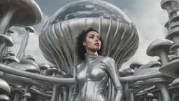 three-quarter-worms-eye view of a woman in a silver robotic catsuit standing in a futuristic derelict city with mushrooms with tentacles, floating in the sky