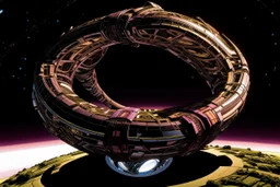 the gigantic starship of Marvel's Galactus "TAA-II" shaped like a Mobius strip with Jack Kirby design elements, in space