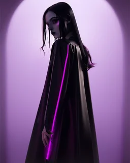 painting by koson ohara and marta bevacqua, portrait of a beautiful goth woman with long black hair, wearing a plastic raincoat, purple neon lighting, 8k, high quality, highly detailed