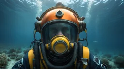 making funny face at the day of a nightmare ten miles high through the deep sea diving helmet and six foot deep, hyper photorealistic, hyper detailed realistic art color, high resolution, fog, octane render, tilt shift, HDRI Environment