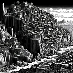 A crowded city on a steep cliff high above water, black and white, in the style of Hokusai