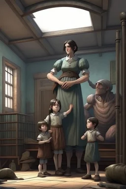 a giant woman protect 3 children, realistic style, interior of asylum