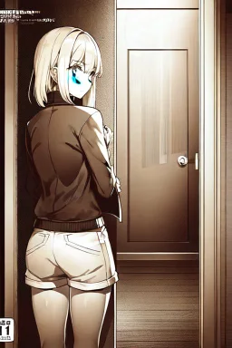 blonde girl with short jacket and shorts runs in a corridor in front at a mystery door, back view, manga page, grayscale