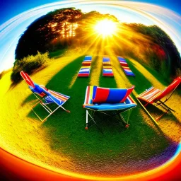 Sunset in a tropical jungle with lawn chairs, blue red and yellow. Distorted. Fisheye. Bokeh. Blur.