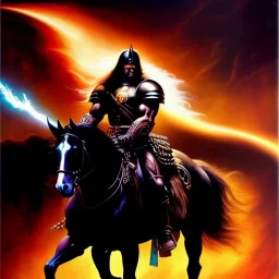 portrait oil on canvas, Death Dealer riding black horse ,comic book cover, mystical colors,insanely detailed,realistic,intrincate detail, 16k resolution, masterpiece,Frank Frazetta,Alex Horley, Simon Bisley,Oscar chichoni