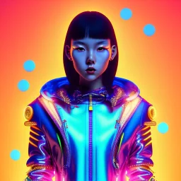 asian woman teenager, few freckles, gold teeth, padded coat, retro futuristic, latex dress, gradient color, BLUE, PINK, CYAN, neon, insanely detailed, 16k resolution, perfect eyes, cinematic smooth, intricate detail