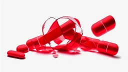 a bubble pack of red pills, next to torn red ribbon, on a white background
