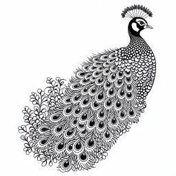 white, A peacock in a regal pose, focusing on its majestic feathers., coloring book, vector, white background, outline, with images neatly contained within the background, just black and white color, full body, no color.