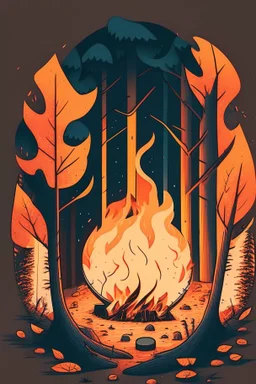 perfect round ball burning in a bonfire inside a forest, 2D flat illustration style, monoline, 3 colors max