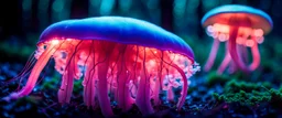 Adolescent bio luminous Rainbow floating JellyFish Fungus, fungal, light floating in a forest, mist, light trails, nighttime,long exposure, Treeline, Alberta, scientist, Dystopian, Hyper detailed, Realistic, Extreme depth of field, bokeh blur, Alberta all-natural, National Geographic, in the style of candid, imperfection, natural lighting, cinematic, Fuji Film, Anamorphic lens, 2040s, --ar 4:5 --w 150 --style raw