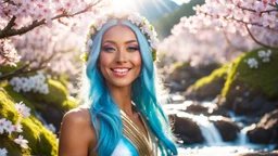 Close-up portrait of a gorgeous smiling skinny polynesian goddess with a golden dark shining skin, long smooth clear turquoise blue white hair, blue eyes, in a sci-fi outfit with luminous strikes blowing a kiss in a hill of flowers with sakura trees, a small torrent, loads of mini flowers, moss, sun rays through the branches, particles in the air at spring