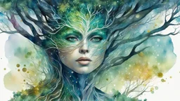 watercolor, tree woman, digital painting, glitter, clear lines, detail, fine rendering, high resolution, 4K, photorealism, precise focus, double exposure, fantasy,